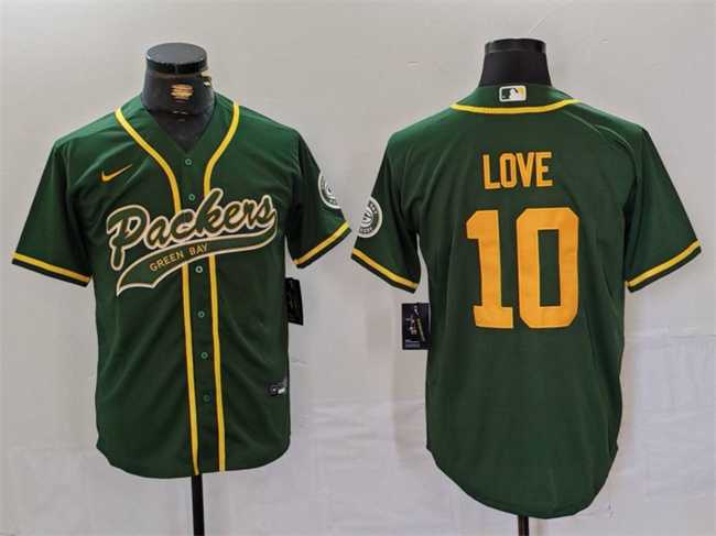 Men%27s Green Bay Packers #10 Jordan Love Green Cool Base Stitched Baseball Jersey